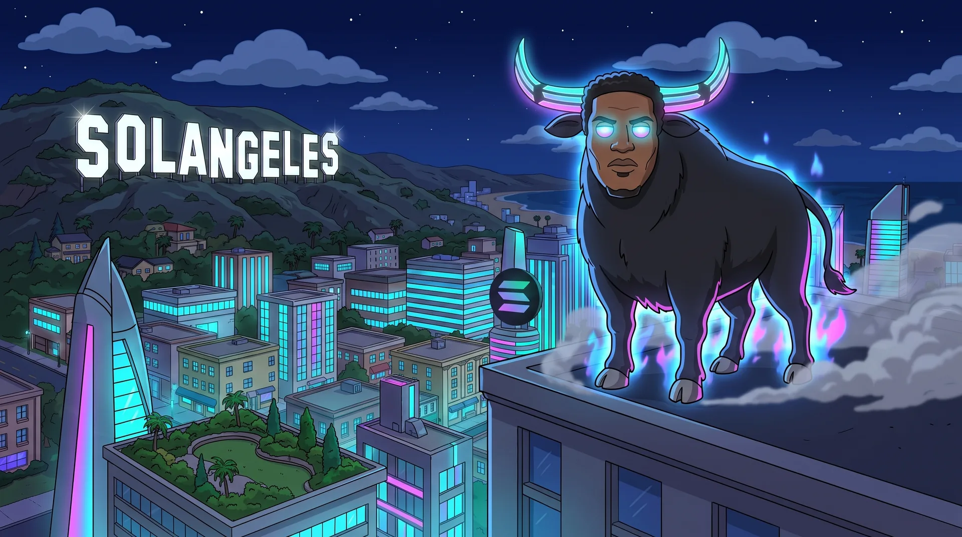 The Black Bull over the SolAngeles skyline